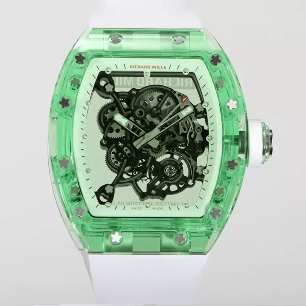 리차드밀 부바왓슨 그린 크리스탈 스켈레톤 다이얼 화이트 러버 스트랩 RM-055