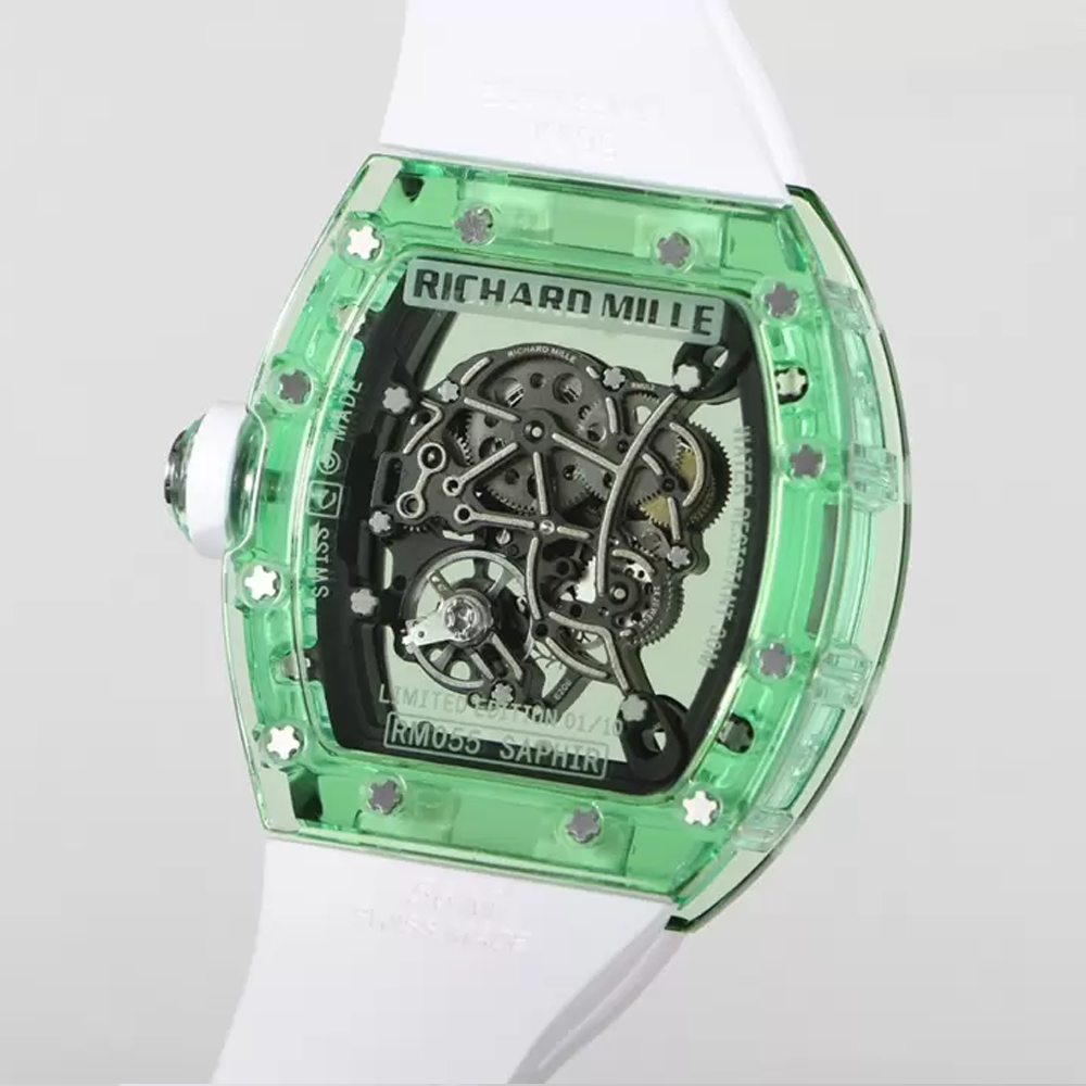 RM공장 리차드밀 부바왓슨 그린 크리스탈 스켈레톤 다이얼 화이트 러버 스트랩 RM-055