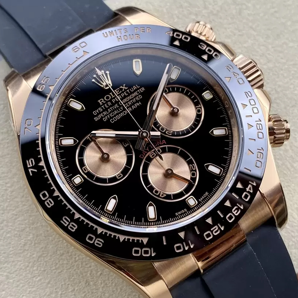 롤렉스 데이토나 크로노그래프 검판 다이얼 바인덱스 로즈골드 러버밴드 40mm 116515