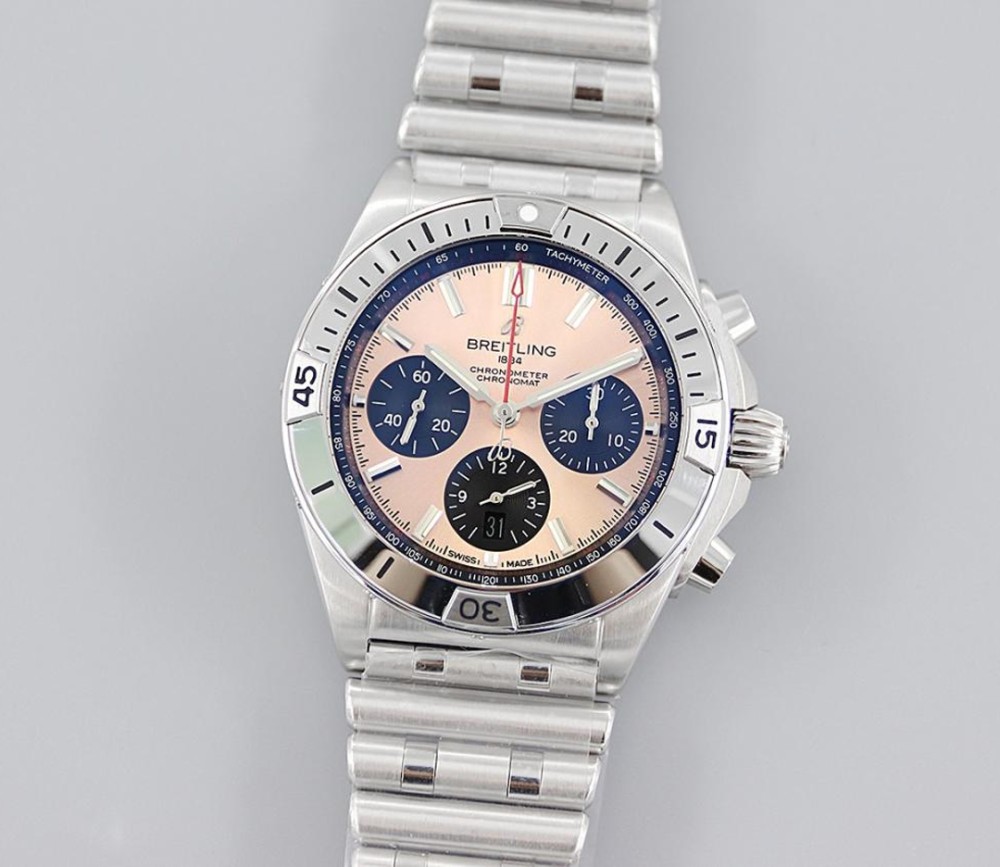 TF공장 브라이틀링 크로노그래프 크로노맷 핑크 다이얼 스틸 SS 브레이슬릿 42mm AB0134101K1A1