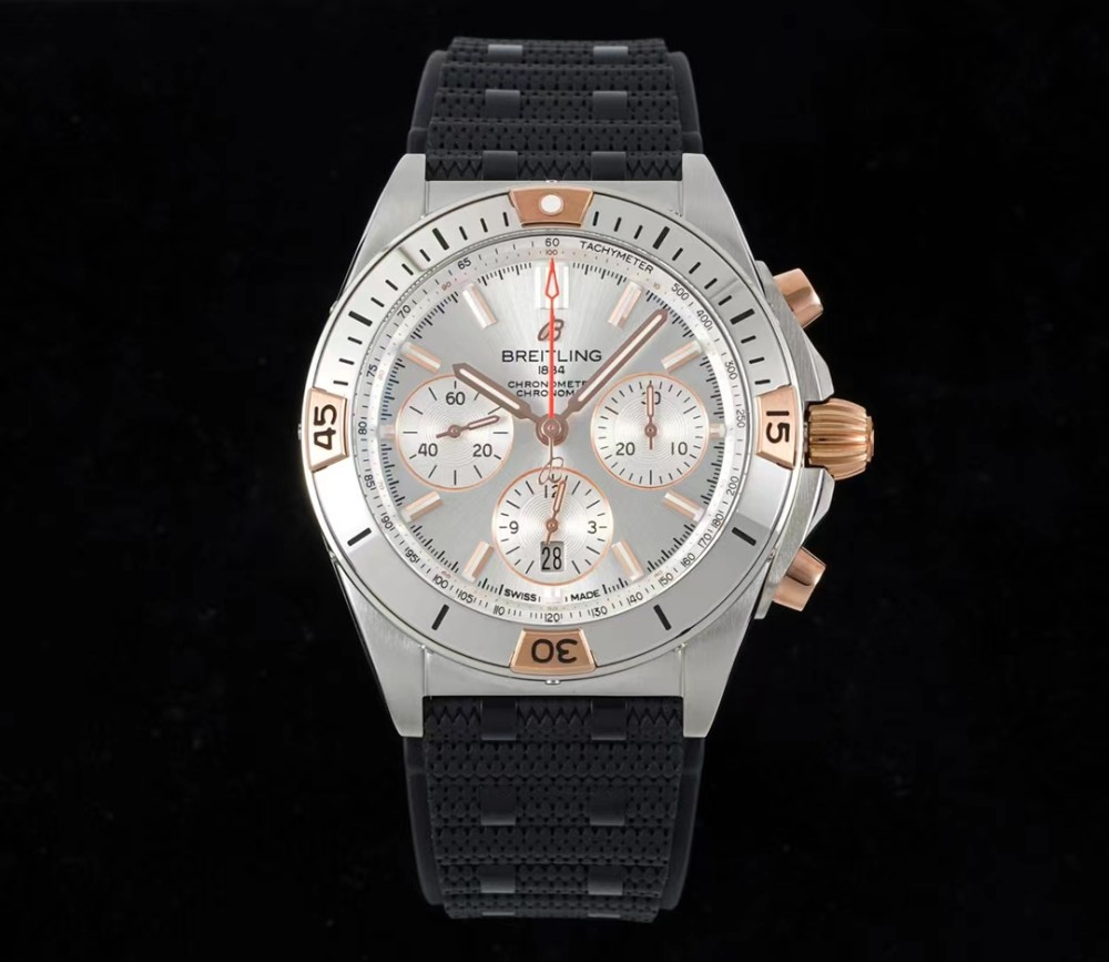 TF공장 브라이틀링 크로노그래프 크로노맷 실버 다이얼 러버 스트랩 42mm IB0134101G1A1