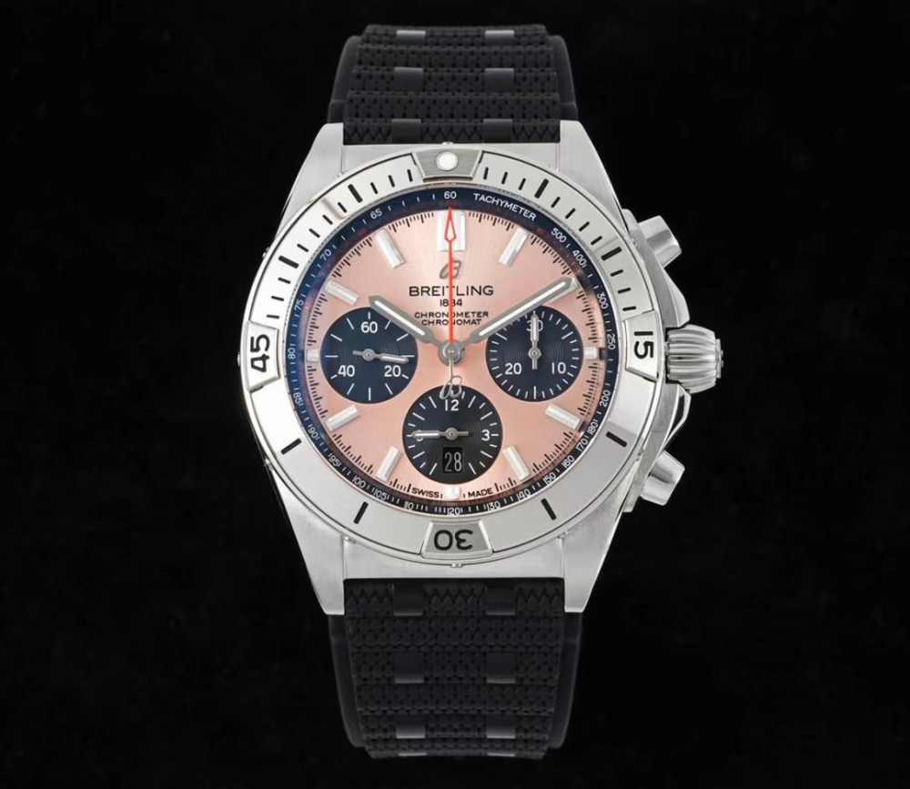 TF공장 브라이틀링 크로노그래프 크로노맷 핑크 다이얼 러버 스트랩 42mm AB0134101K1A1