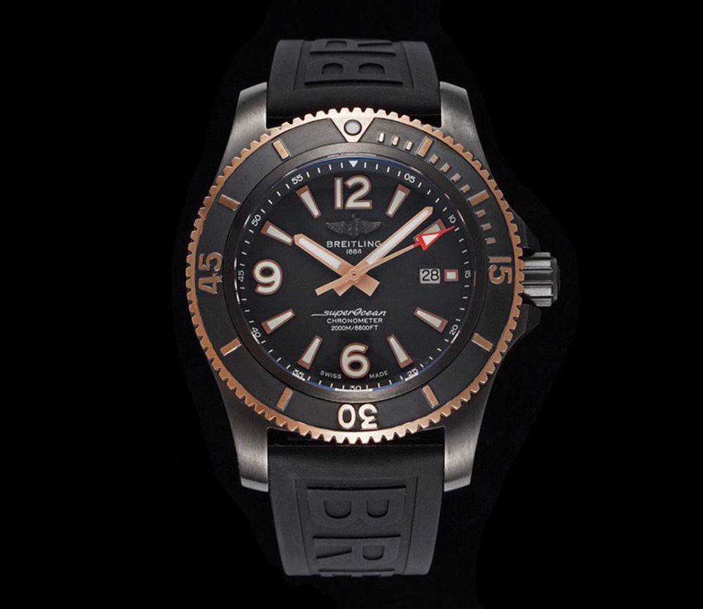 TF공장 브라이틀링 슈퍼오션 로즈골드 블랙 다이얼 세라믹 베젤 러버 스트랩 46mm U17368221B1S1