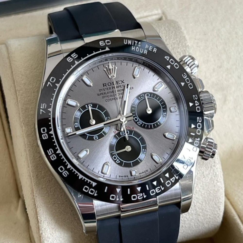 BT공장 롤렉스 데이토나 크로노그래프 그레이 다이얼 인덱스바 세라믹베젤 러버밴드 40mm 116519