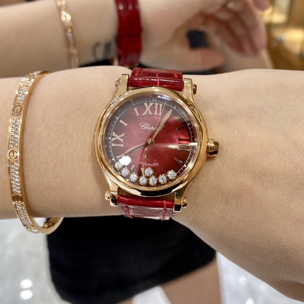 HW공장 쇼파드 해피 스포츠 다이아몬드 로즈골드 레더 스트랩 33mm 275378-5005