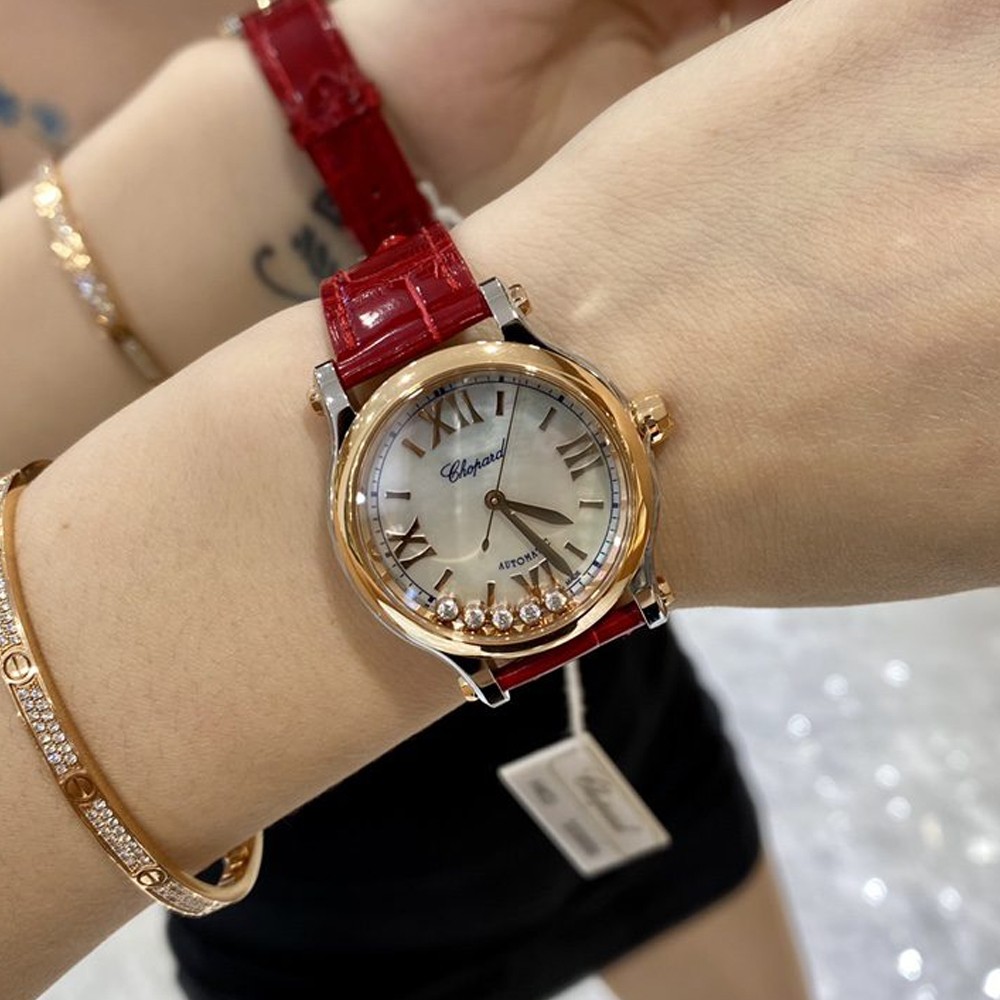 HW공장 쇼파드 해피 스포츠 다이아몬드 로즈골드 레더 스트랩 33mm 275378-5005