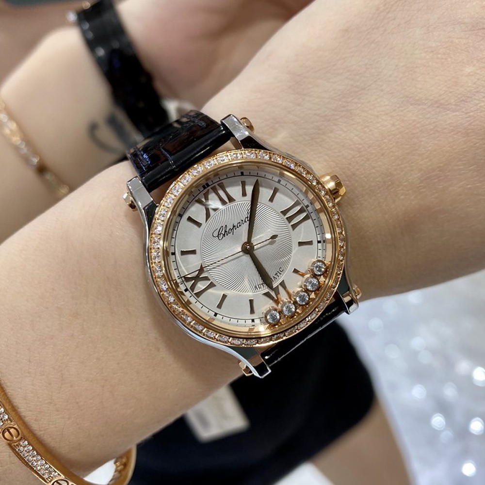 HW공장 쇼파드 해피 스포츠 다이아몬드 베젤 로즈골드 레더 스트랩 33mm 275378-5005