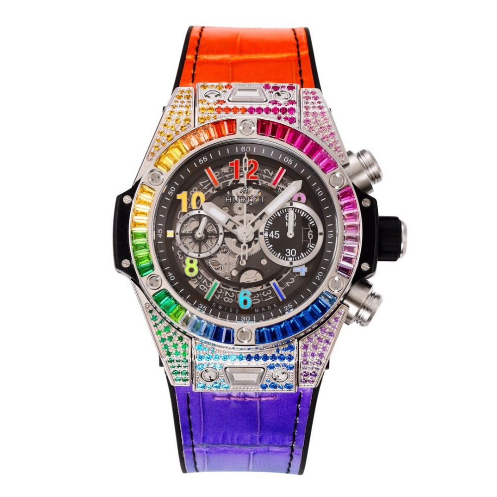 위블로 빅뱅 유니코 레인보우 풀다이아 블랙다이얼 가죽 스트랩 44mm 441.NX.1117.LR.0999