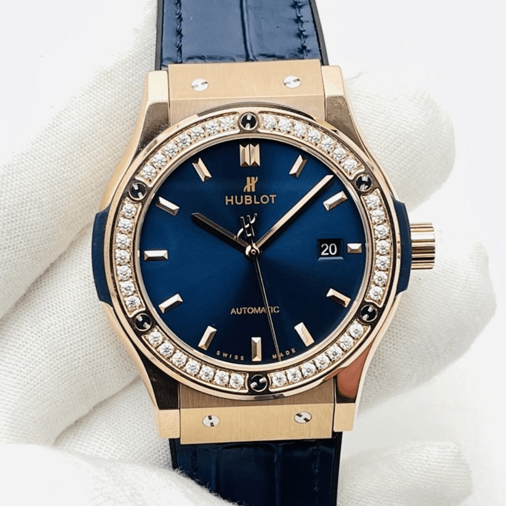 HB공장 위블로 클래식 퓨전 블루 다이얼 다이아베젤 로즈골드 금통 가죽 스트랩 38mm/42mm 542.OX.7180.RX