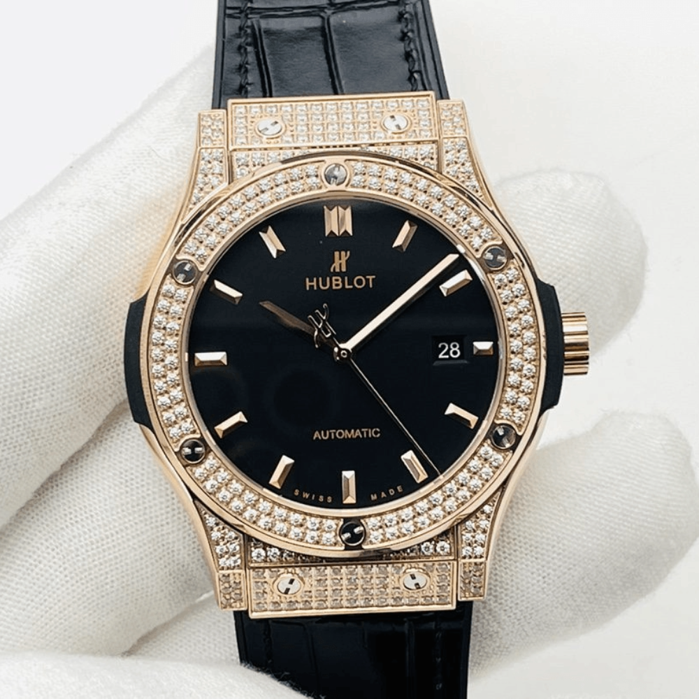 HB공장 위블로 클래식 퓨전 블랙 다이얼 풀다이아 로즈골드 금통 가죽 스트랩 38mm/42mm 542.OX.1181.LR