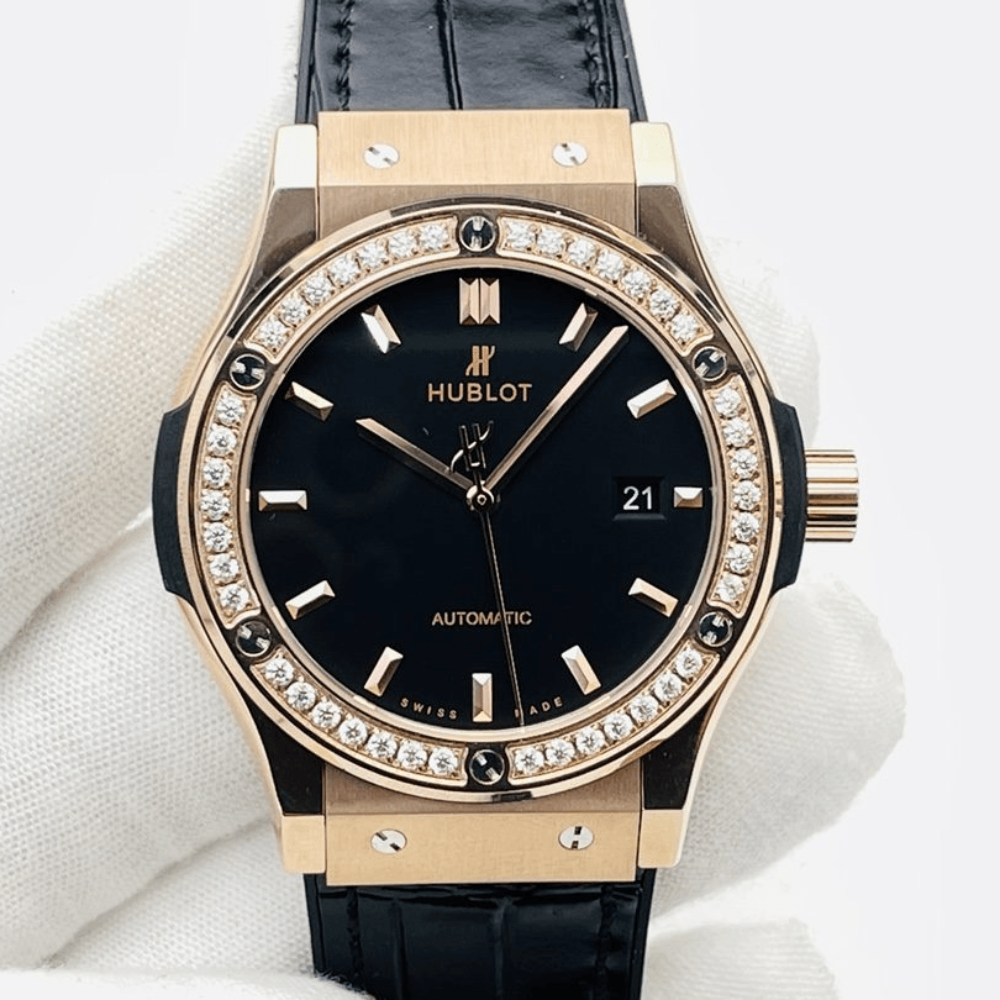 HB공장 위블로 클래식 퓨전 블랙 다이얼 다이아베젤 로즈골드 금통 가죽 스트랩 38mm/42mm 542.OX.1181.LR