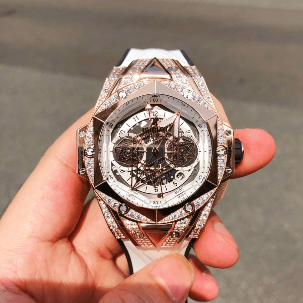 HB공장 위블로 빅뱅 상 블루 II 골드 풀다이아 티타늄 러버 스트랩 45mm 418.OX.2001.RX.1604.MXM20