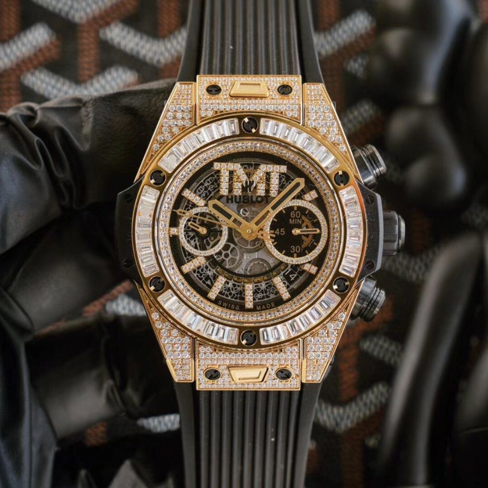 HB공장 위블로 빅뱅 유니코 TMT 풀다이아 스켈레톤 다이얼 옐로우골드 러버 스트랩 45.5mm 441.OX.9910.LR.0999