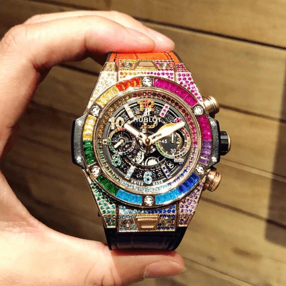 HB공장 위블로 빅뱅 유니코 스텔레톤 다이얼 킹 골드 레인보우 러버 스트랩 45.5mm 441.OX.9910.LR.0999