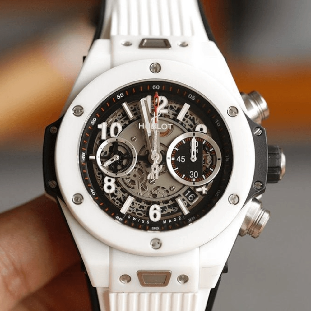 HB공장 위블로 빅뱅 유니코 스켈레톤 다이얼 화이트 세라믹 러버 스트랩 45.5mm 411.HX.1170.RX