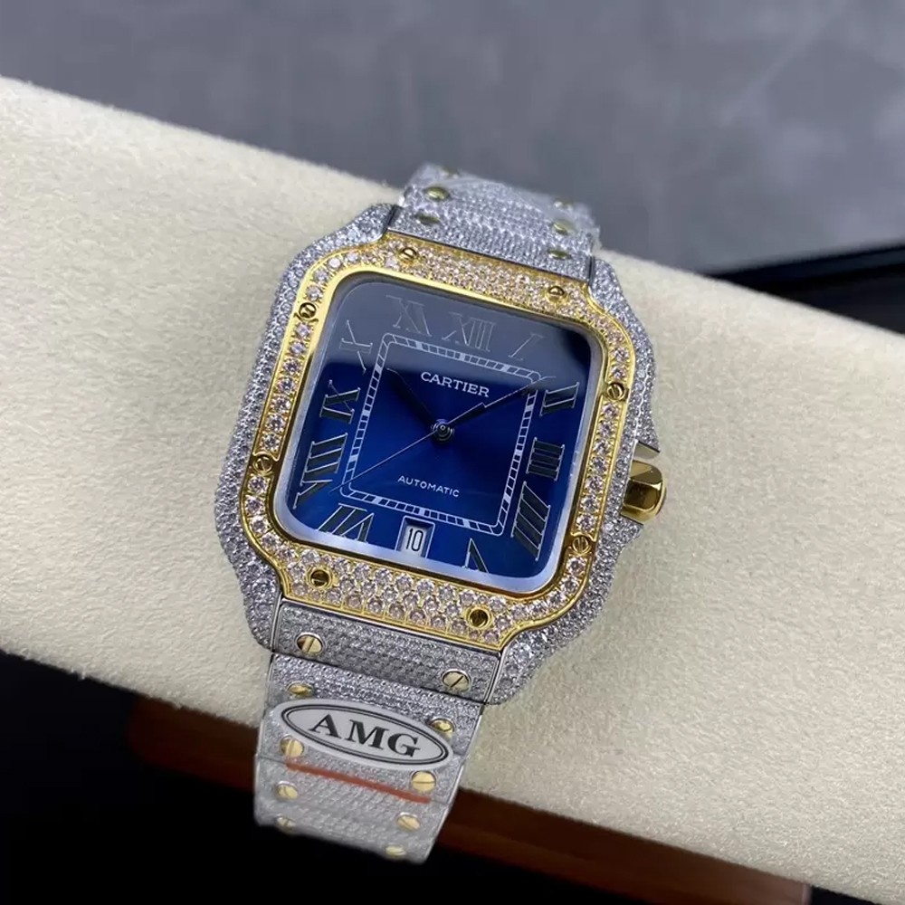 AMG공장 까르띠에 산토스 버스트다운 블루 다이얼 로즈골드 콤비 40mm