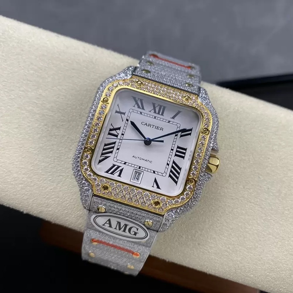 AMG공장 까르띠에 산토스 버스트다운 화이트 다이얼 옐로우골드 콤비 40mm