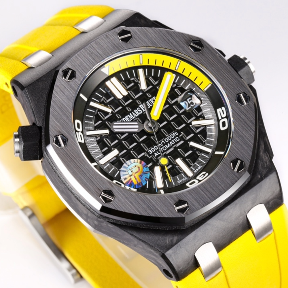 IP공장 오데마피게 로얄오크 오프쇼어 다이버 블랙 다이얼 세라믹 옐로우 러버 스트랩 42mm 15706AU