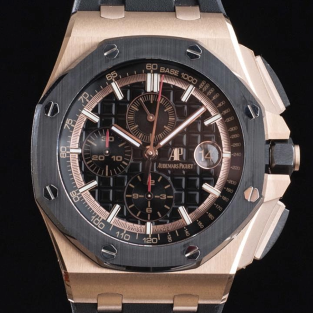 APF공장 오데마피게 로얄오크 오프쇼어 크로노그래프 블랙 다이얼 로즈골드 블랙 러버스트랩 44mm 26401RO