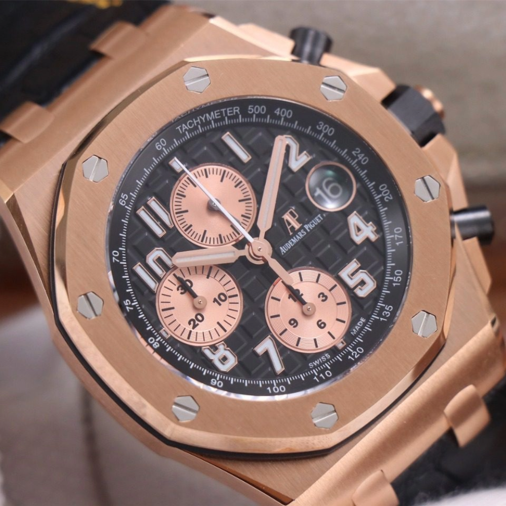 JF공장 오데마피게 로얄오크 오프쇼어 크로노그래프 블랙다이얼 세라믹 로즈골드 금통 가죽 스트랩 42mm 26470OR