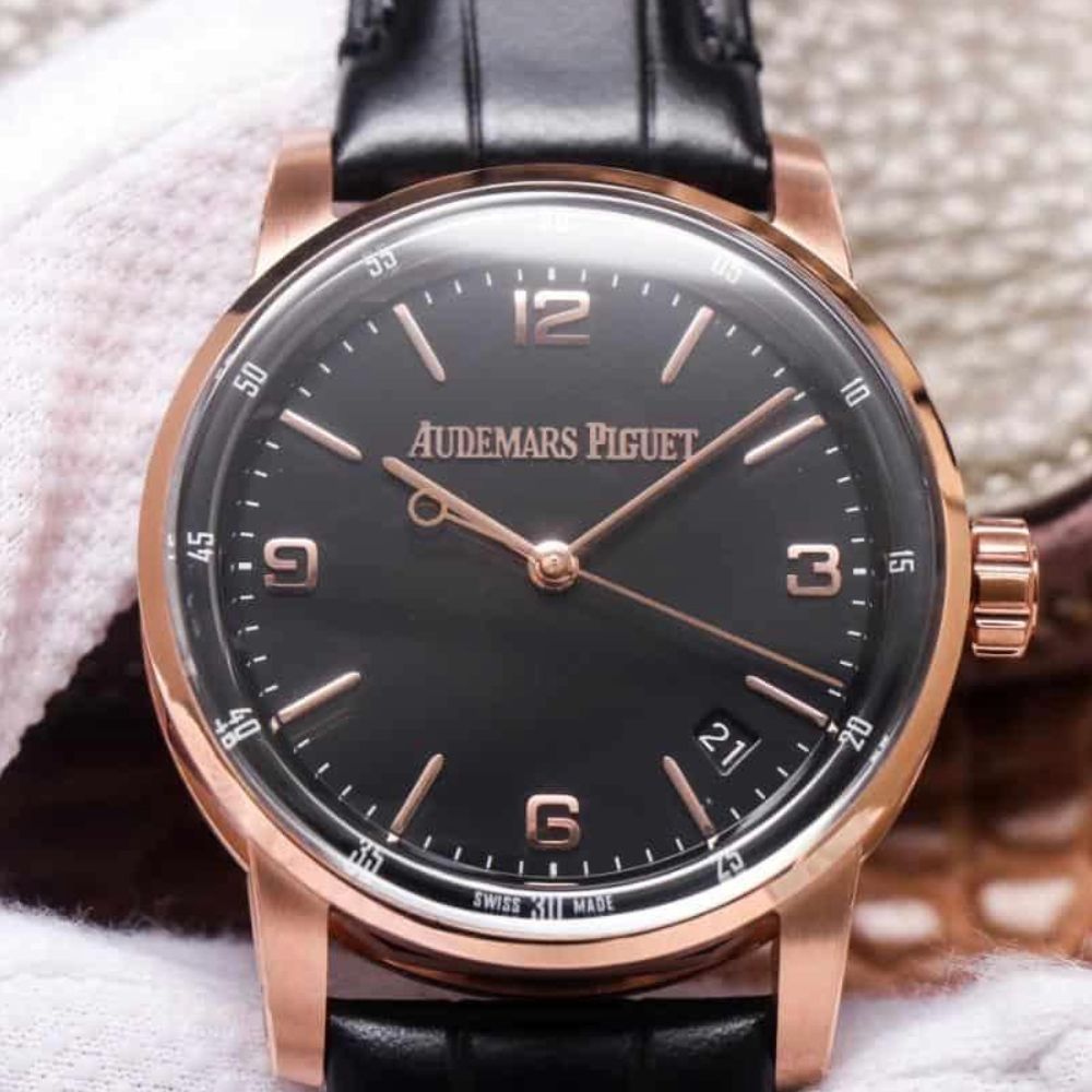 TNK공장 오데마피게 CODE 11.59 블랙 다이얼 로즈골드 블랙 가죽 스트랩 41mm 15210OR