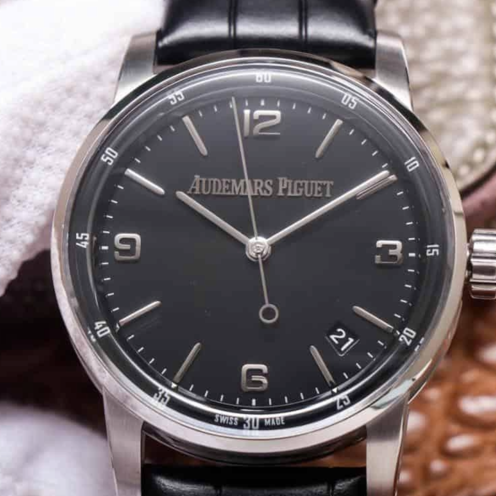 TNK공장 오데마피게 CODE 11.59 블랙 다이얼 스틸 블랙 가죽 스트랩 41mm 15210BC