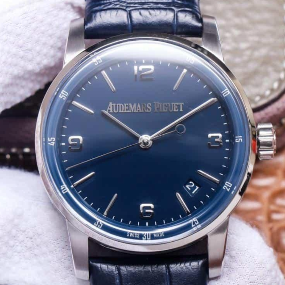 TNK공장 오데마피게 CODE 11.59 블루 다이얼 스틸 블루 가죽 스트랩 41mm 15210BC