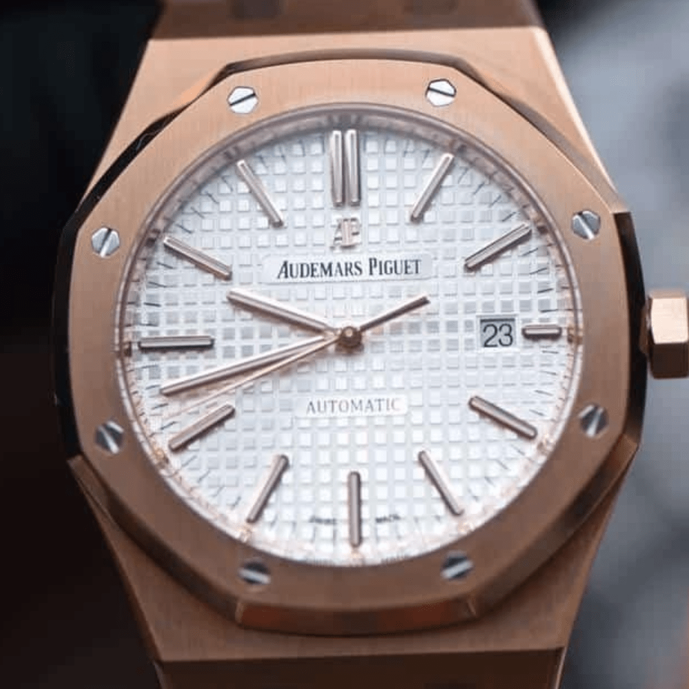 JF공장 오데마피게 로얄오크 화이트 다이얼 로즈골드 가죽 스트랩 41mm 15400OR