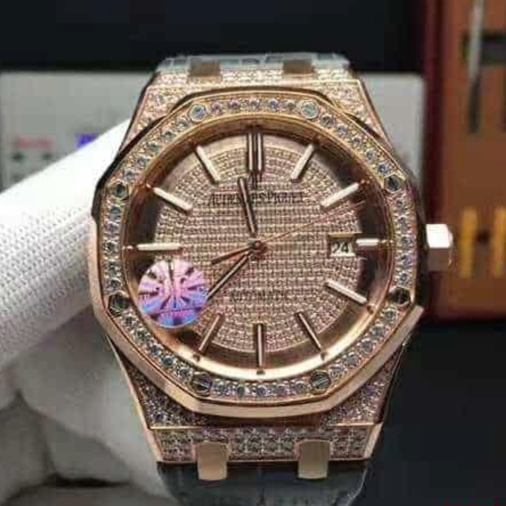 오데마피게 로얄오크 풀다이아 로즈골드 블랙 가죽스트랩 41mm 15452