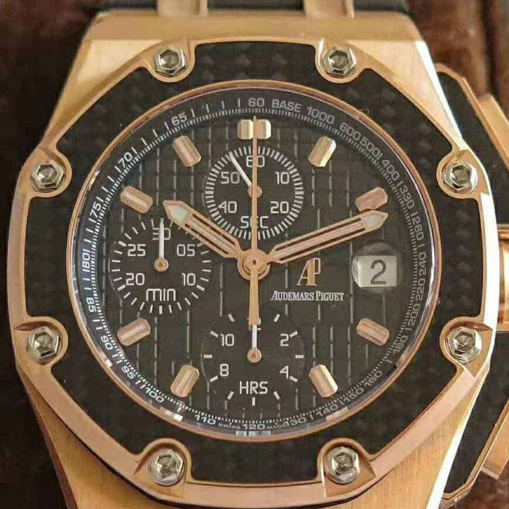 JF공장 오데마피게 로얄오크 오프쇼어  블랙 다이얼 사파이어 로즈골드 몬토야 한정판 가죽 스트랩 44mm 26030