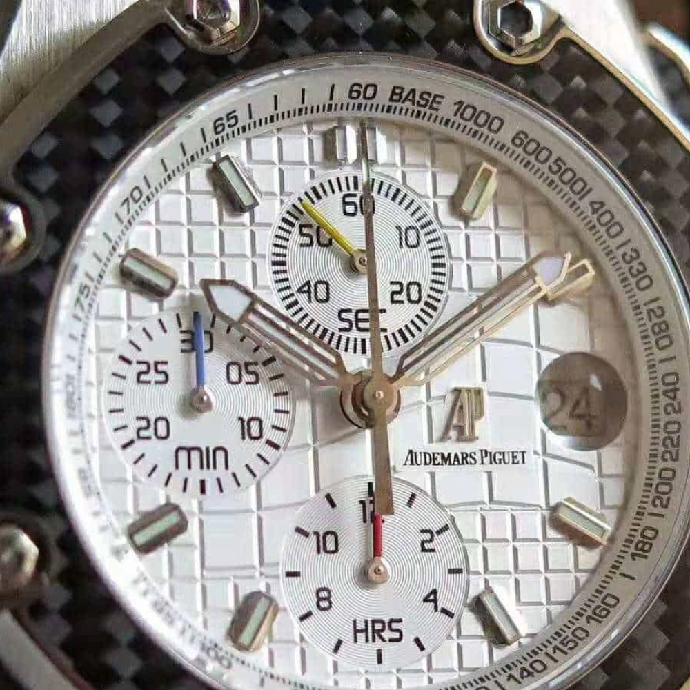 JF공장 오데마피게 로얄오크 오프쇼어 화이트 다이얼 사파이어 스틸 몬토야 한정판 가죽 스트랩 44mm 26030