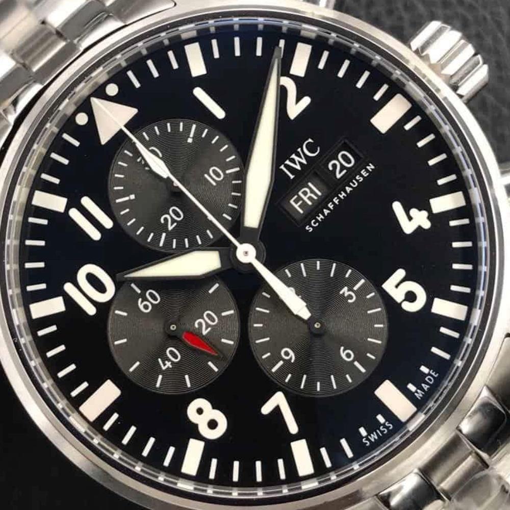 ZF공장 IWC 파일럿 파이터 크로노그래프 스틸 블랙 다이얼 SS 브레이슬릿 43mm IW377710