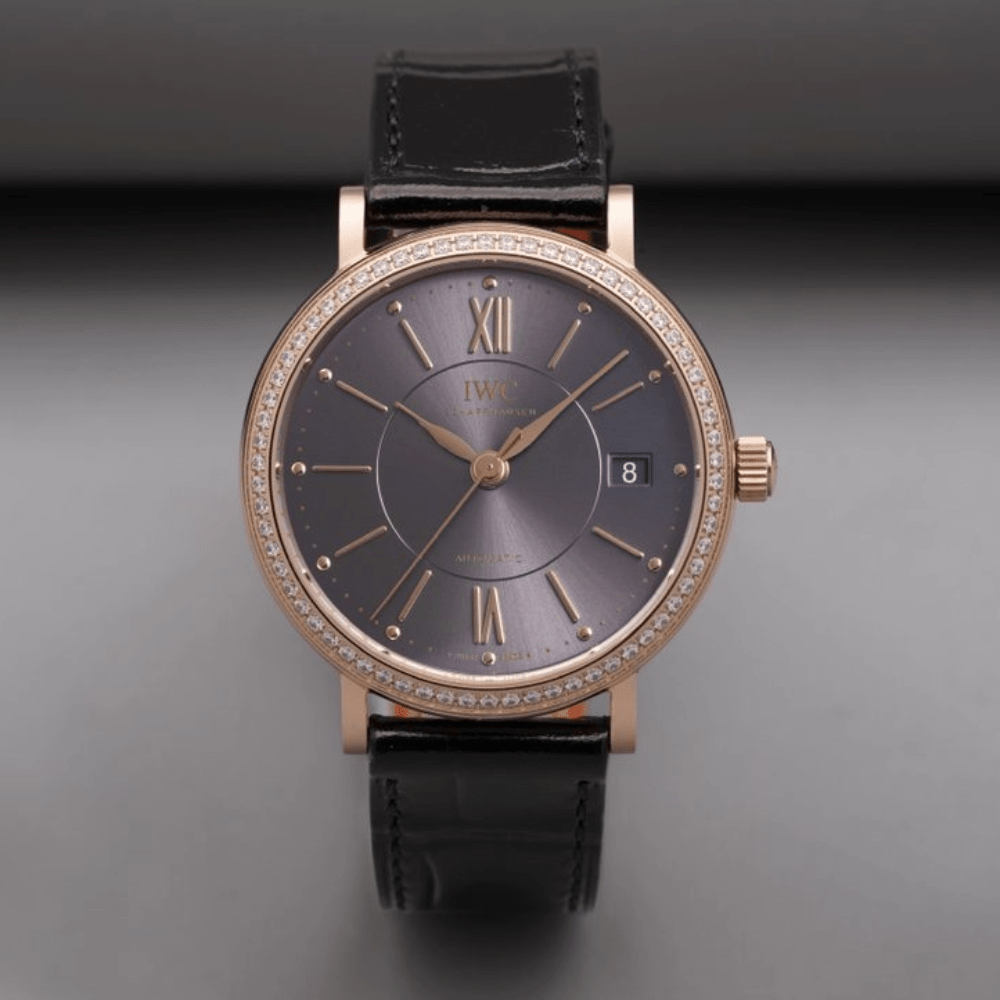 IWC 포르토피노 레이디 다이아베젤 로즈골드 브라운 다이얼 레더 스트랩 37mm IW458108