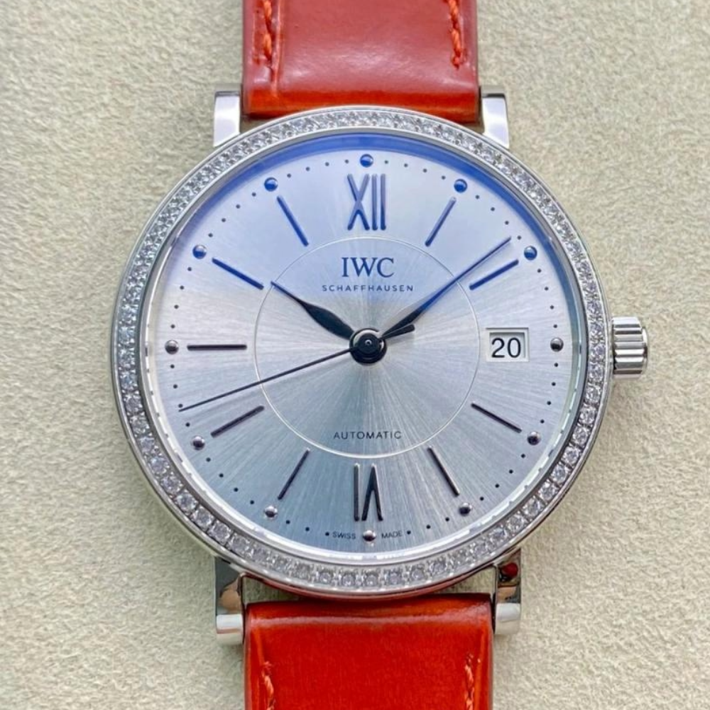 IWC 포르토피노 레이디 다이아베젤 실버 그레이/블랙 다이얼 레더 스트랩 37mm IW458109