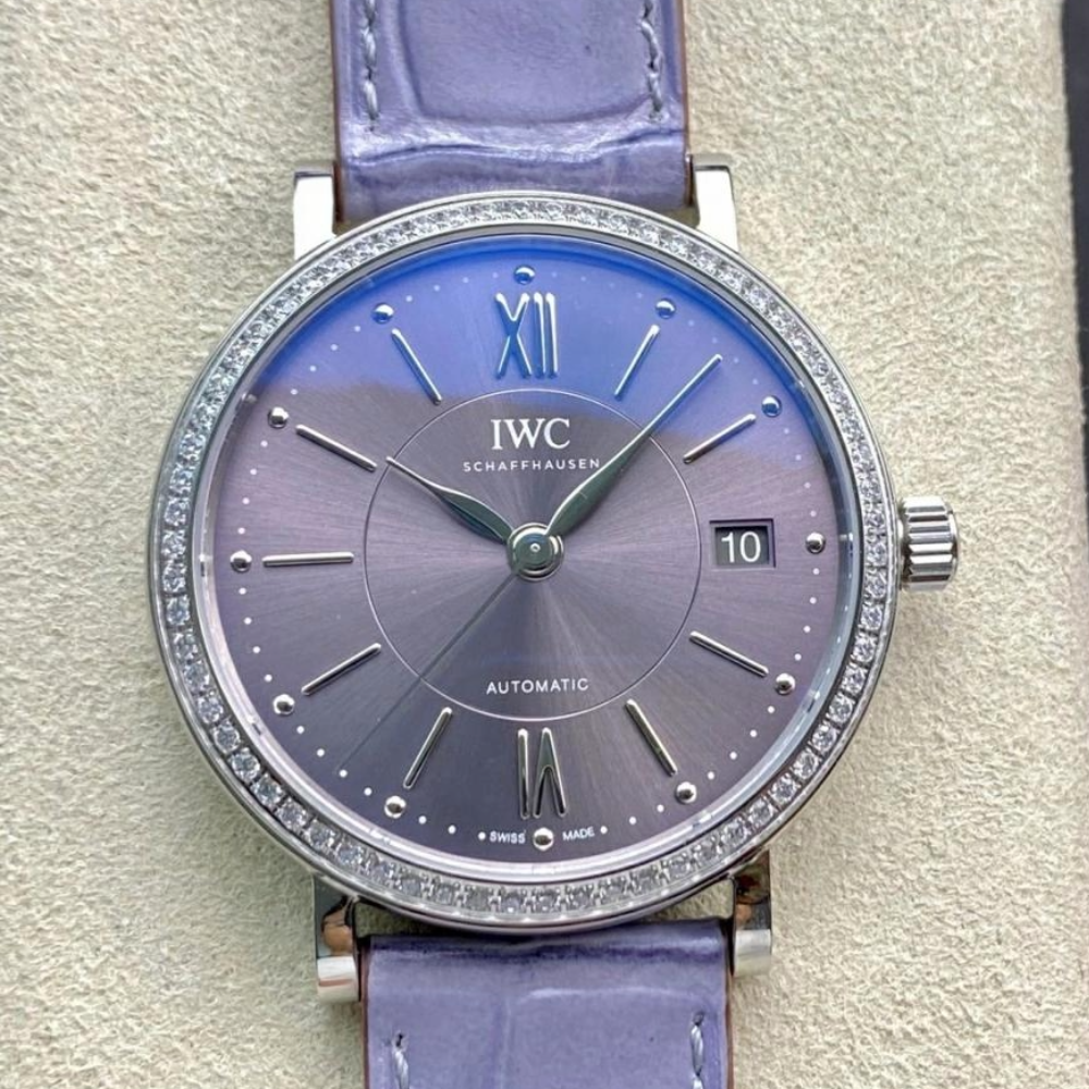 V7공장 IWC 포르토피노 레이디 다이아베젤 실버 퍼플 다이얼 레더 스트랩 37mm IW458104