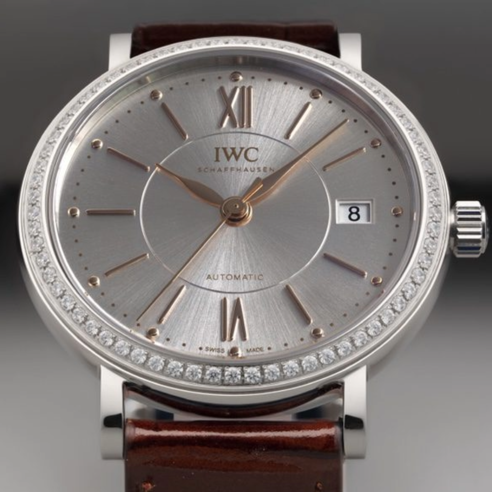 V7공장 IWC 포르토피노 레이디 다이아베젤 실버 화이트 다이얼 레더 스트랩 37mm IW458103