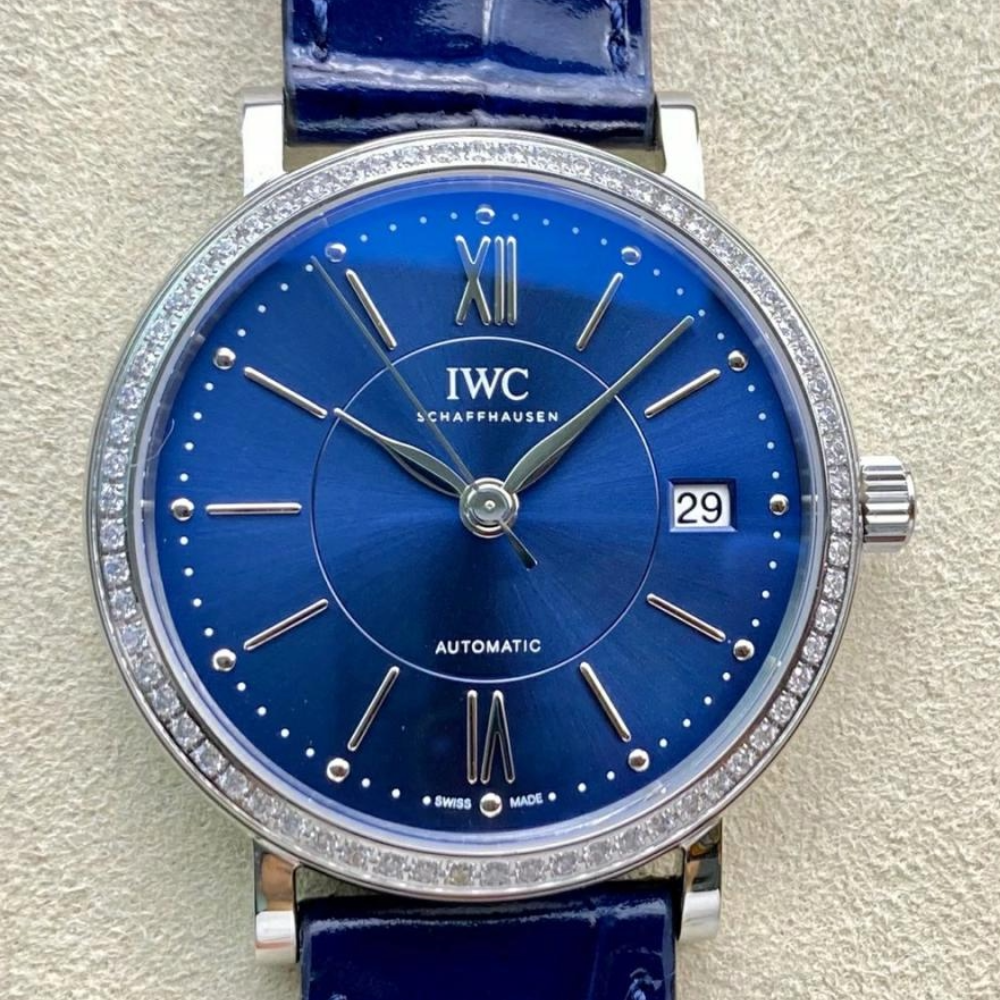 V7공장 IWC 포르토피노 레이디 다이아베젤 실버 블루 다이얼 레더 스트랩 37mm IW458111