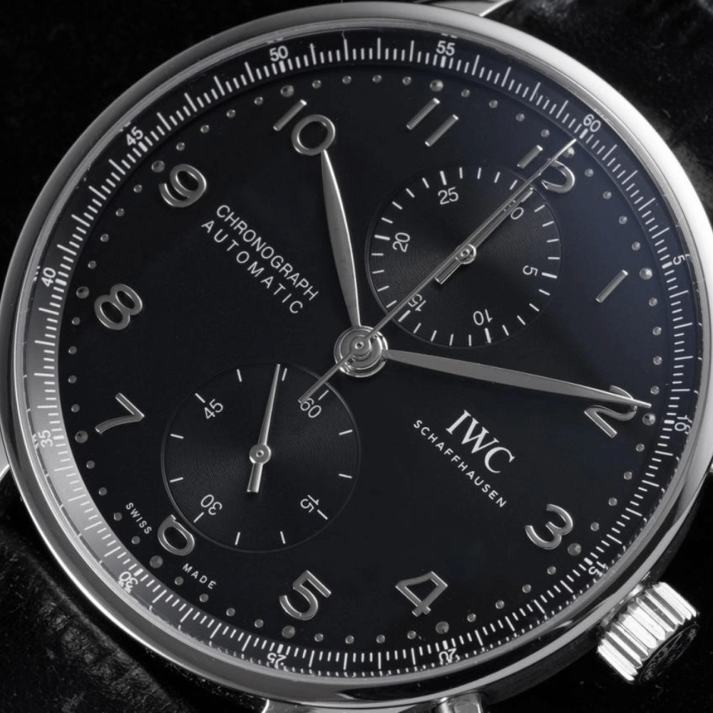 ZF공장 IWC 포르투기저 크로노그래프 실버 블랙 다이얼 레더 스트랩 41mm IW371447