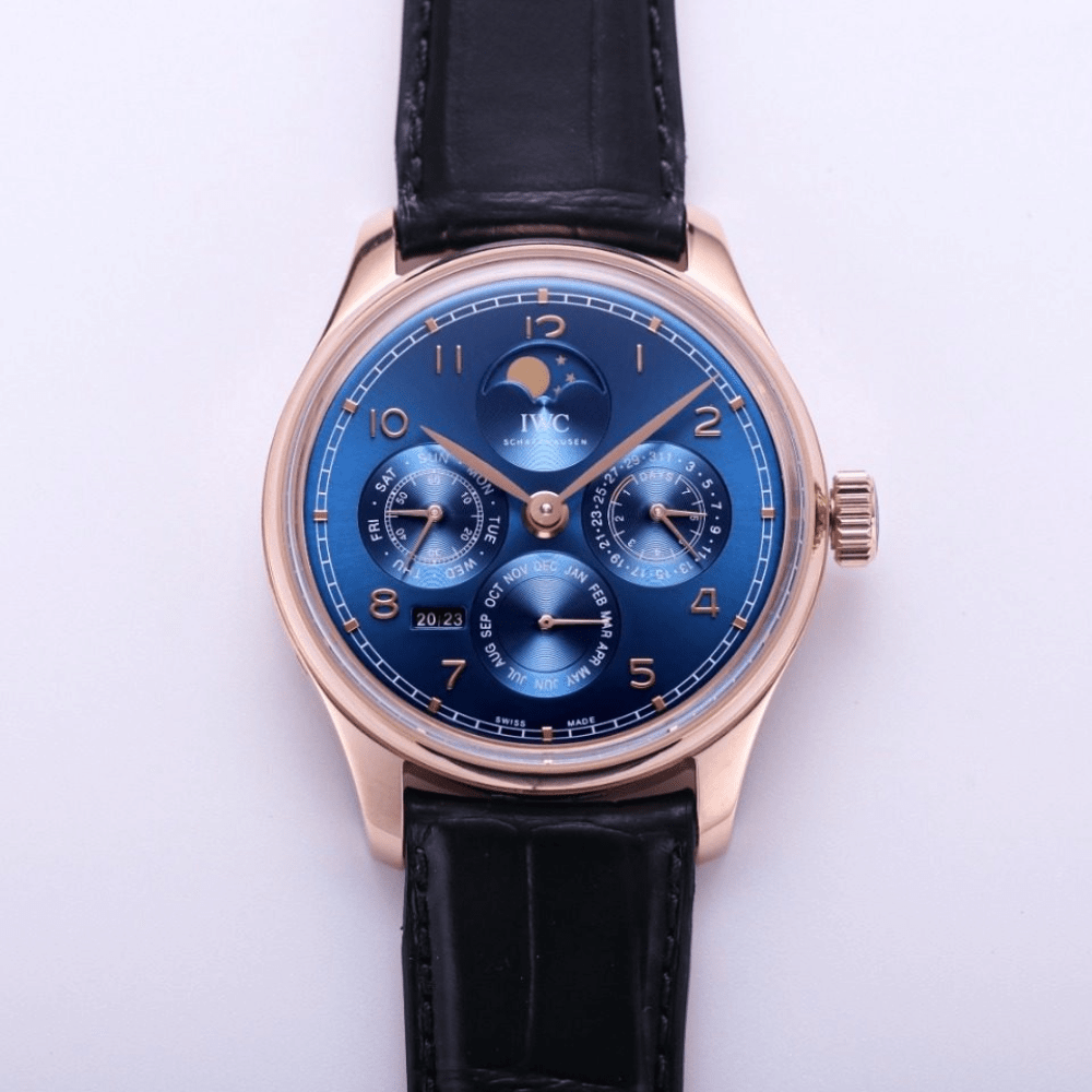 IWC 포르투기저 퍼페츄얼 문페이즈 로즈골드 블루 다이얼 레더 스트랩 41mm IW503312