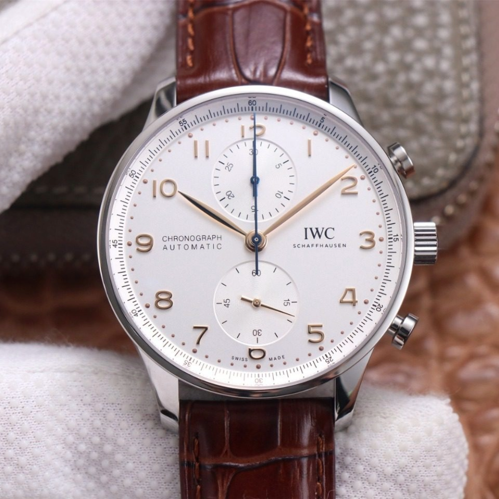 ZF공장 IWC 포르투기저 크로노그래프 화이트골드 화이트 다이얼 레더 스트랩 41mm IW371604