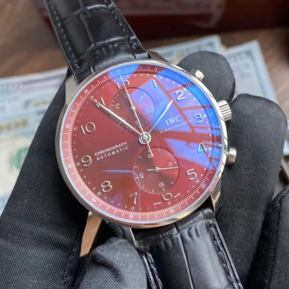 YL공장 IWC 포르투기저 크로노그래프 레드 다이얼 150주년 기념 에디션 레더 스트랩 40mm IW371616