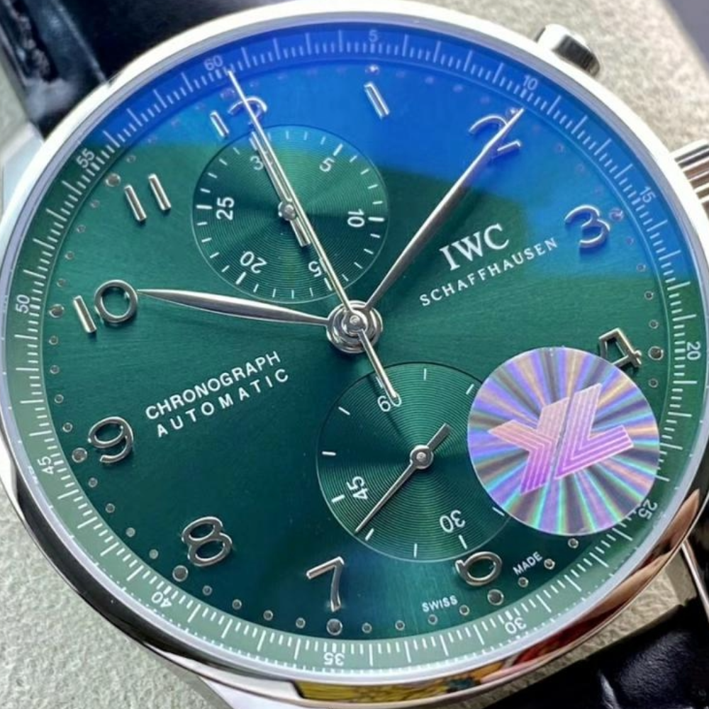 YL공장 IWC 포르투기저 크로노그래프 그린 다이얼 150주년 기념 에디션 레더 스트랩 40mm IW371615