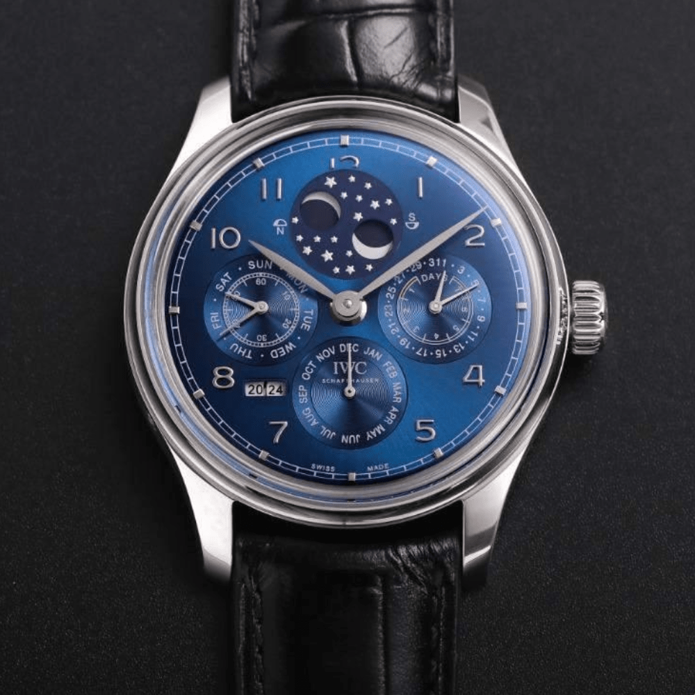 V9공장 IWC 포르투기저 퍼페츄얼 문페이즈 애뉴얼 캘린더 블루 다이얼 레더 스트랩 41mm IW503401