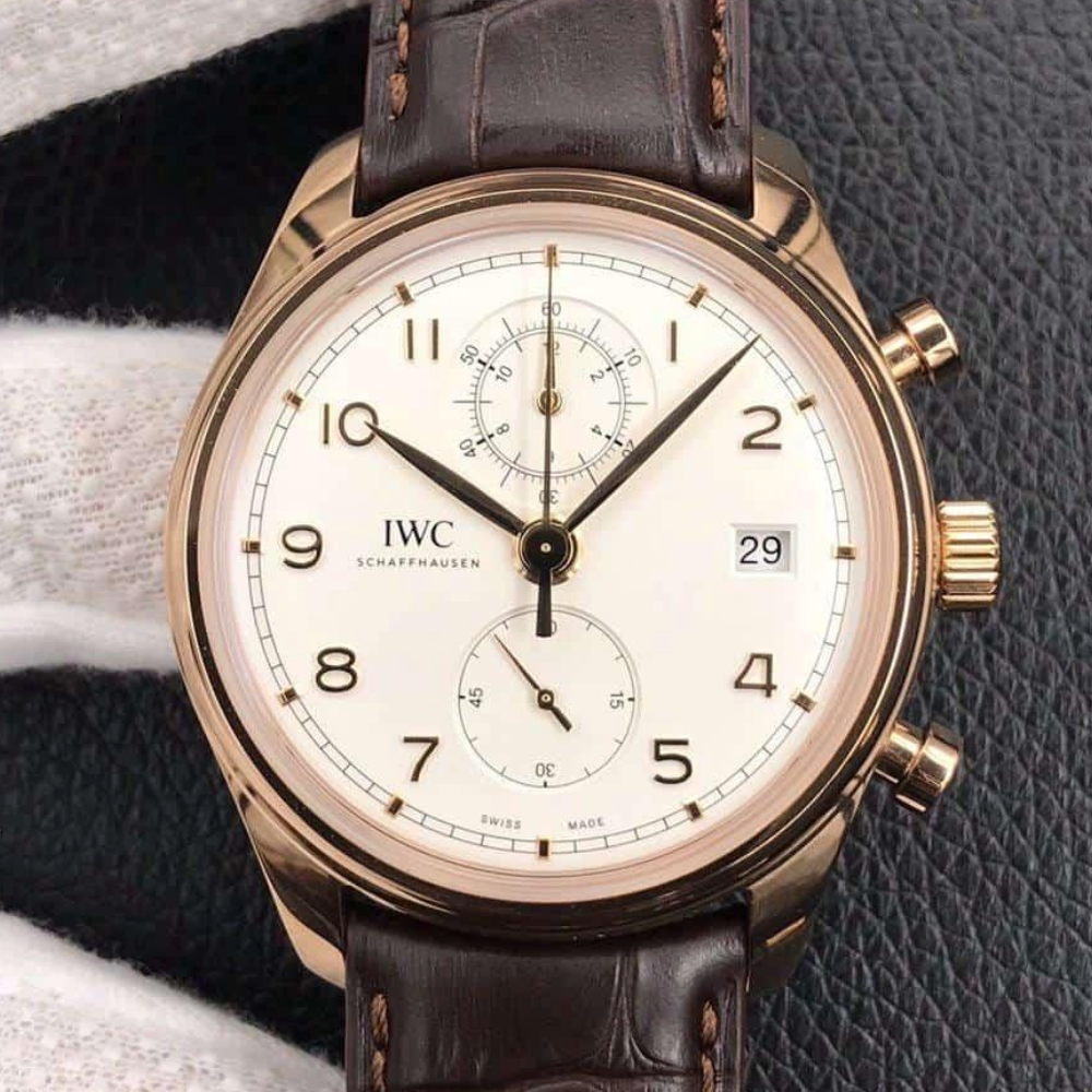 ZF공장 IWC 포르투기저 크로노그래프 클래식 로즈골드 화이트 다이얼 레더 스트랩 42mm IW390301
