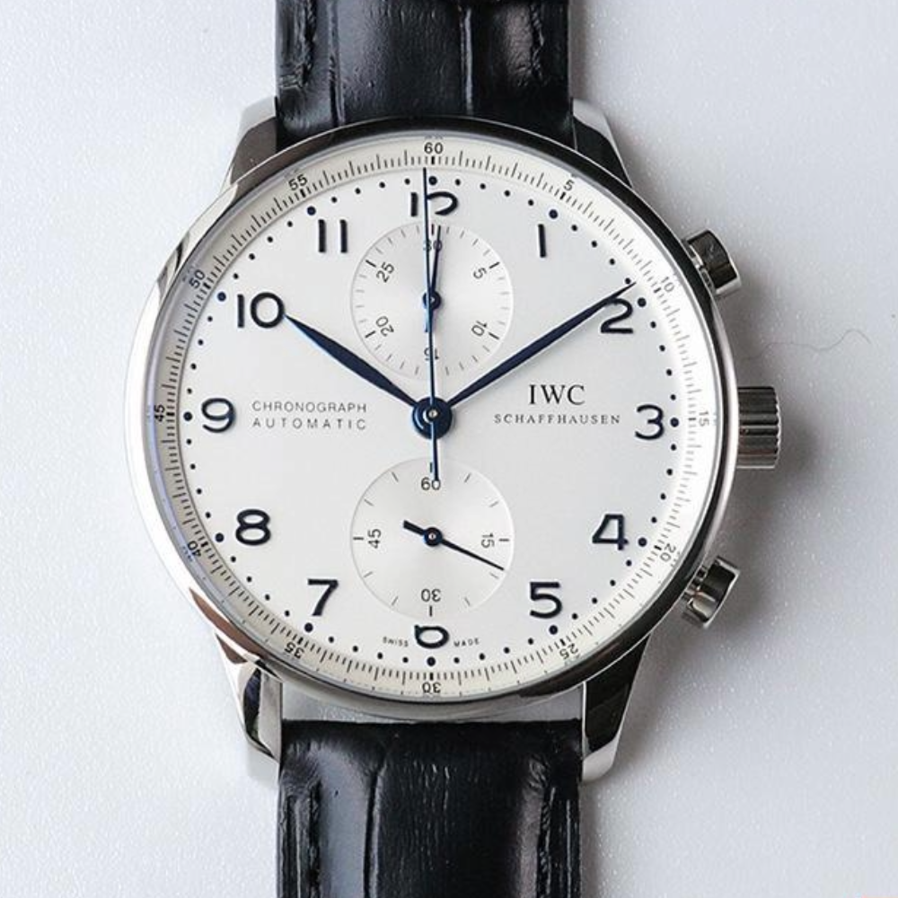 ZF공장 IWC 포르투기저 크로노그래프 블루 핸드 화이트골드 화이트 다이얼 레더 스트랩 41mm IW371446