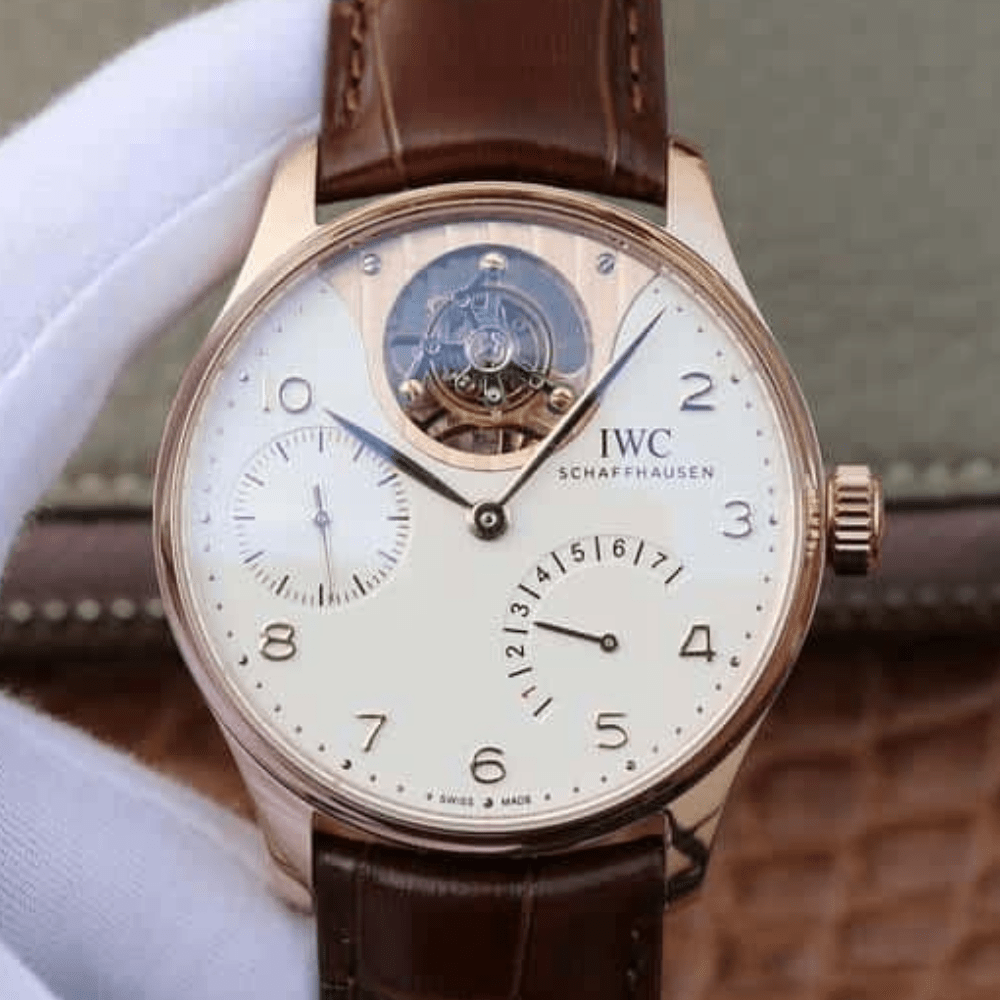 ZF공장 IWC 포르투기저 레트로그레이드 투르비옹  로즈골드 화이트 다이얼 레더 스트랩 44mm IW504202