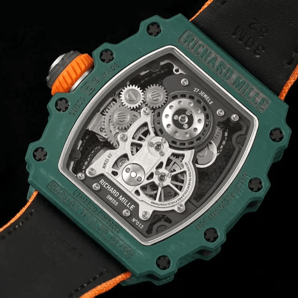 RM공장 리차드밀 블랙 카본 스켈레톤 투르비옹 다이얼 오렌지 우븐 스트랩 RM21-02