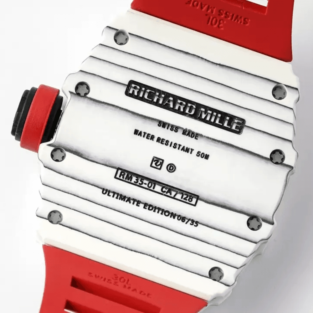 SONIC공장 리차드밀 화이트 카본 스켈레톤 다이얼 레드 러버밴드 RM35-01