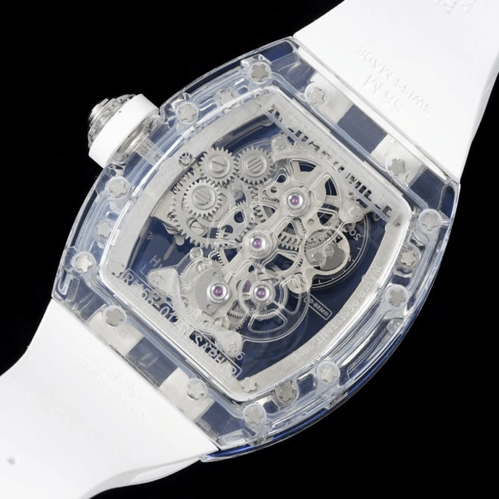 YS공장 리차드밀 투르비옹 투명 사파이어 스켈레톤 다이얼 화이트 러버밴드 RM56-01