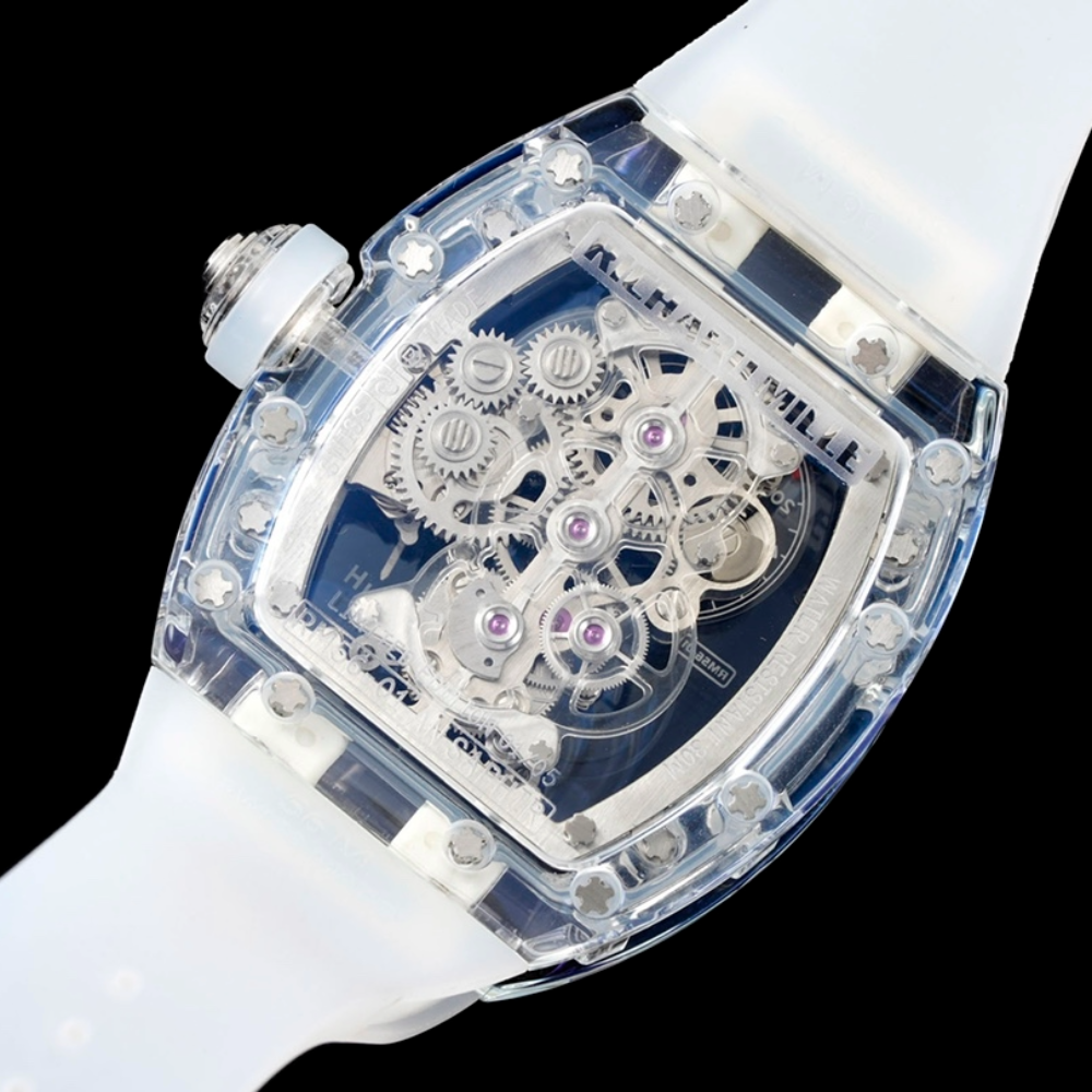 YS공장 리차드밀 투르비옹 투명 사파이어 스켈레톤 다이얼 화이트 러버밴드 RM56-01